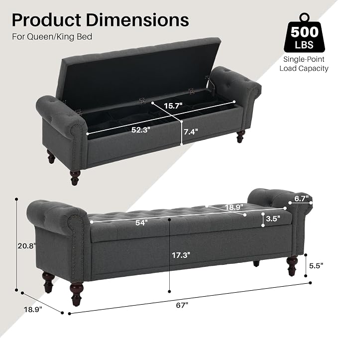 SOFTHION 67" Storage Bench for Bedroom, Linen Upholstered, Dark Grey | King - Image 2