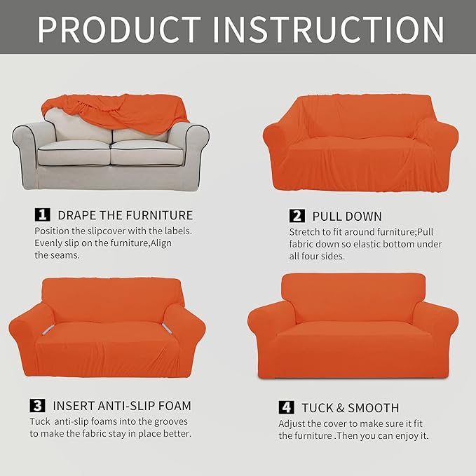 Easy-Going Stretch Loveseat Slipcover 1-Piece Sofa Cover Furniture Protector Couch Soft with Elastic Bottom for Kids Polyester Spandex Jacquard Fabric Small Checks (Loveseat, Orange)