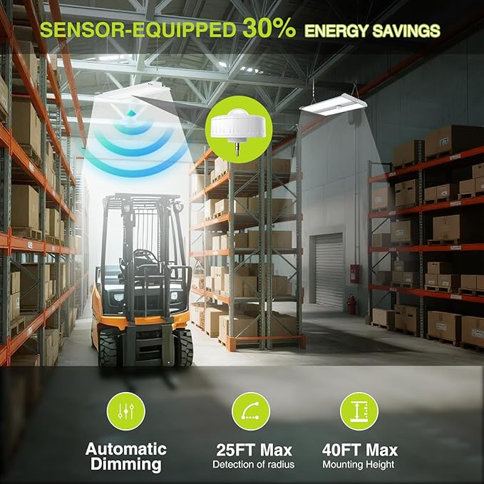 LED Linear High Bay Shop Light With Motion Sensor 300W, Larger Central Lighting Area, 45000LM, 120-277V, 0-10V, 5000K, Commercial Linear High Bay Led Shop Lights for Warehouse Industrial, 4 Pack, UL