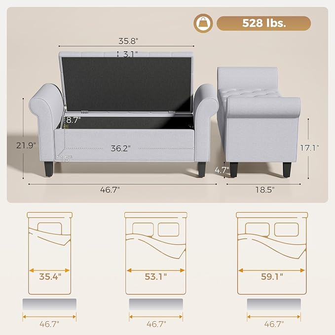 HOMCOM 47" Ottoman wih Storage End of Bed Bench - Image 3