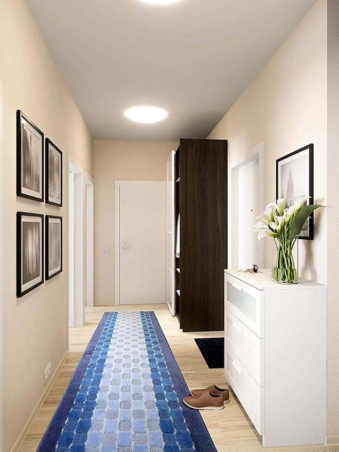 Custom Length Hallway Runner Rug,Slip Resistant,Checkered Blue, 26 Inch X 12 feet, Sold and Priced Per Foot