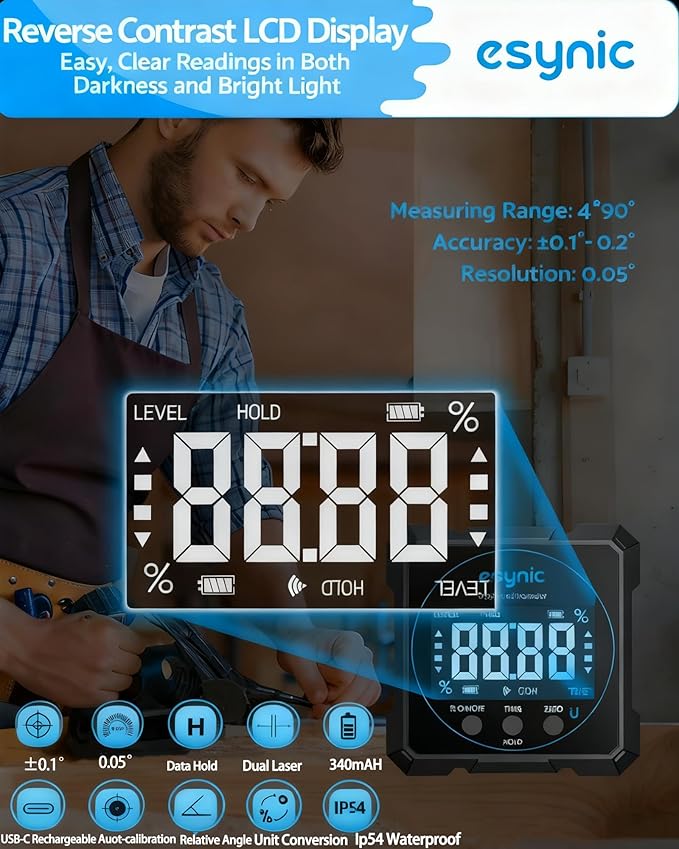 eSynic Digital Angle Finder with Laser USB-C Rechargeable Digital Inclinometer Level IP54 Waterpoof 4 Sides Magnetic Angle Gauge-Auto Off Backlight LCD Display for Construction (Laser Level: Class II)
