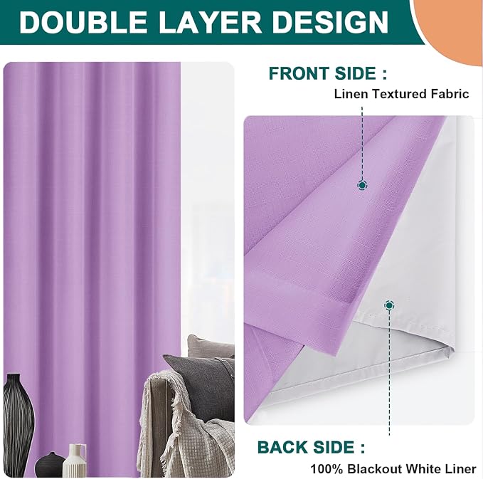 Diraysid 100% Blackout Curtains Lilac Linen Curtains - Image 6