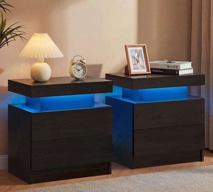 Black Modern LED Nightstand Set of 2 by Unknown