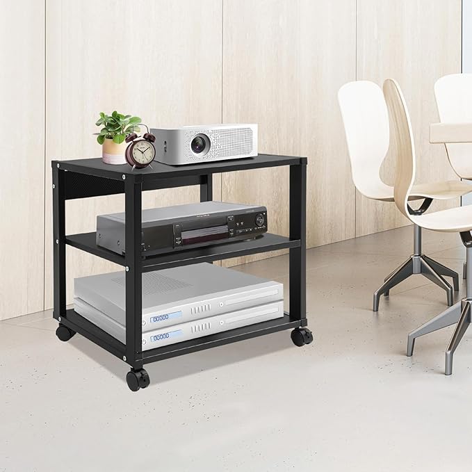 3-Tier AV Media Stand Rack, Black Rolling Stereo Audio Rack Stand with Wheels, Mobile & Space-Saving Design, Perfect for Speakers, DVD Players, Amplifiers (19.7 * 15.7 * 19.1in)