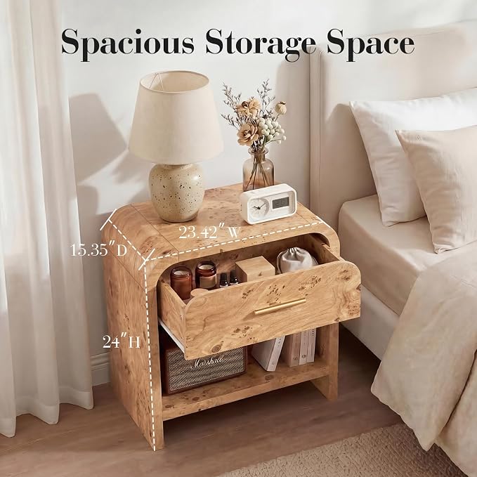 Night Stand Set of 2 1-Drawer and 1 Storage Shelf Nightstand 24" H Metal Handle - Image 2