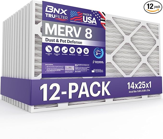 BNX TruFilter 14x25x1 Air Filter MERV 8 (12-Pack) - MADE IN USA – Dust & Pet Defense Electrostatic Pleated Air Conditioner HVAC AC Furnace Filters for Dust, Pet, Mold, Pollen MPR 600 – 700 & FPR 5