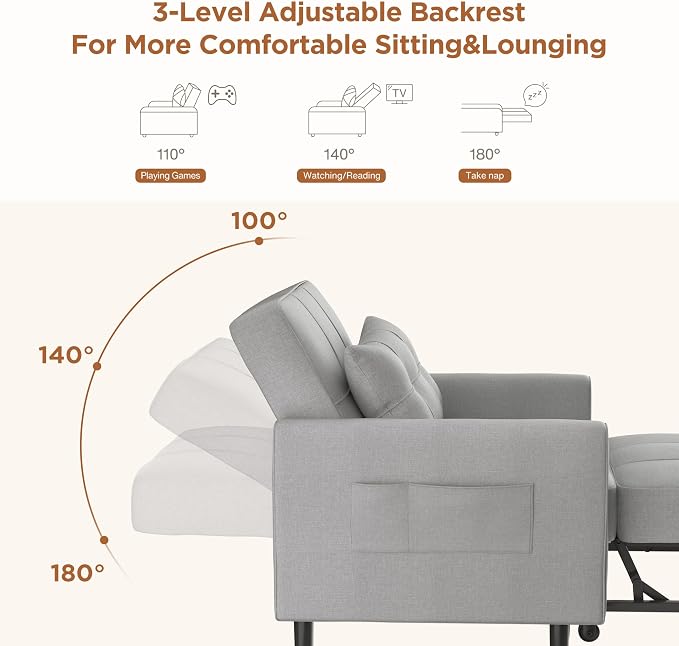 Aiho 34-Inch Sleeper Chair Bed, 3-in-1 Pull-Out Sofa Bed, Light Gray | - Image 6