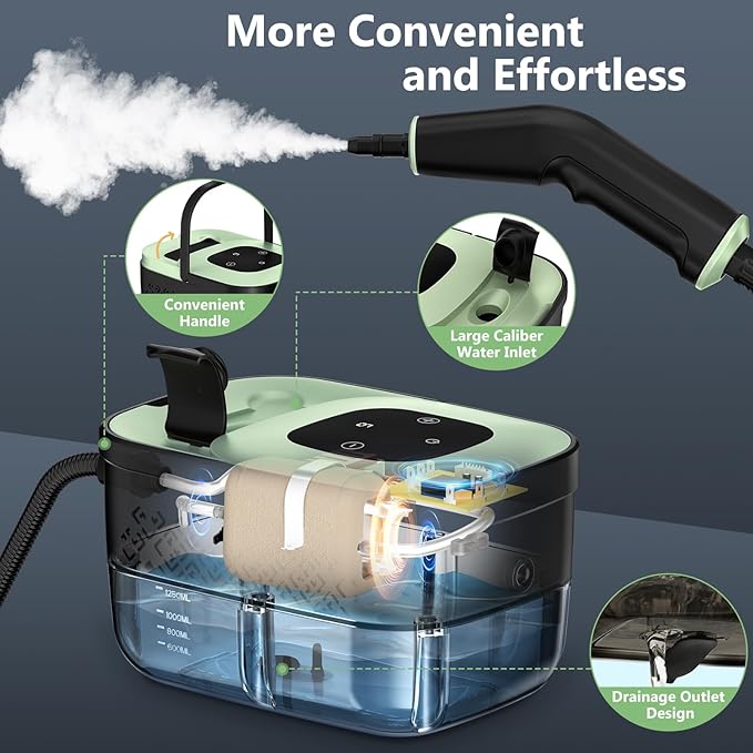 Steam Cleaner, Portable Steamer for Cleaning with 16pcs Accessories, 6-Level Adjustable, 15s Heat-Up, Handheld Steam Cleaner for Home for Tile, Grease, Dirt, Grout, Car Detailing, Green