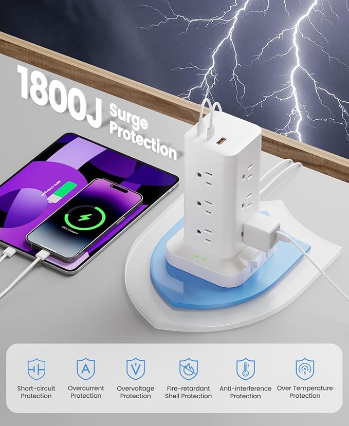 Power Strip Tower with Surge Protector 1800J, Fast Charging Tower PD20W USB-C - Image 3
