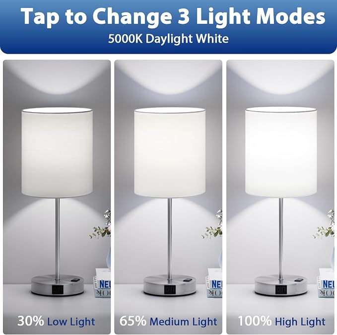 17.6" Silver Touch Lamps for Bedroom Set of 2, USB C+A, AC Outlet | Large 17.6" - Image 3