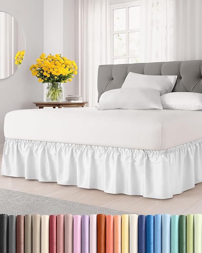 Wrap Around Dust Ruffle Bed Skirt - White - for Queen Size Beds with 18 Inch Drop - Easy Fit Elastic Strap - Adjustable Pleated Bedskirt w/Brushed Fabric - Wrinkle Free - for Women, Men, Kids & Teens