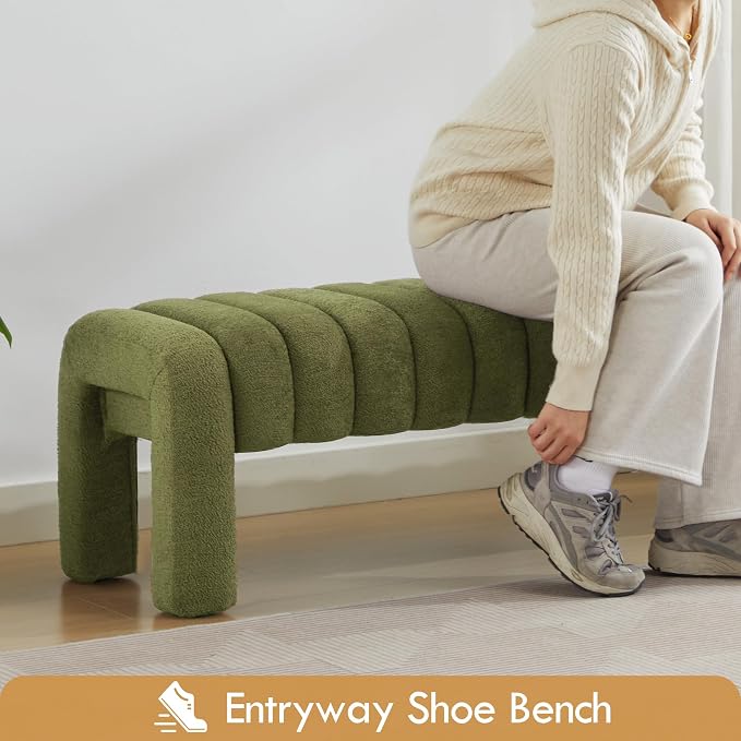 63" Boucle Bed Bench, Cute Upholstered Channel Tufted Bench - Image 7