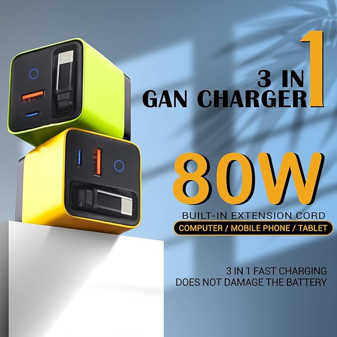 Tobre 3 in 1 GaN Charger, Scalable 80W Max Fast Charging Block with Retractable Type-C Cable & 2 USB Ports, All-in-One Wall Charger for iPhone 16/15/14, Galaxy S25, Pixel,Laptops (White, 80)