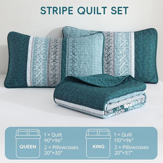 Cottolester Teal Quilt Set King Size, Soft Striped Texture Quilt Set 3 Pcs | - Image 7
