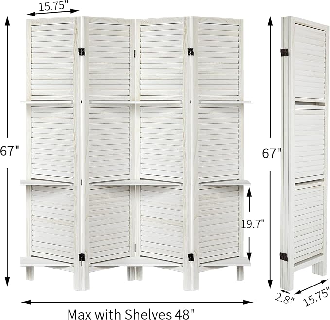Room Divider with Shelves, 4 Panel White Privacy Screen | Partition Room - Image 3