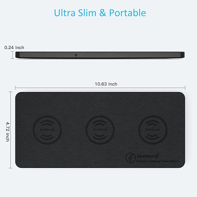 Wireless Charging Pad, ZealSound Ultra-Slim Triple Charger Station for Multiple 3 Devices & New Airpods Ultra Slim PU Leather Wireless Charging Mat W/AC Adapter for Smartphone Phone (Black)