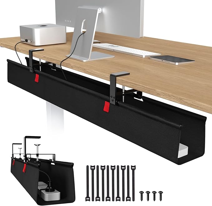 Univivi No Drill Under Desk Cable Management Tray, 48" Cord Organizer for Table, Clamp/Screw Mount Desk Cable Management, Premium Fabric Cable Management Tray for Office, Home (Extra Large)