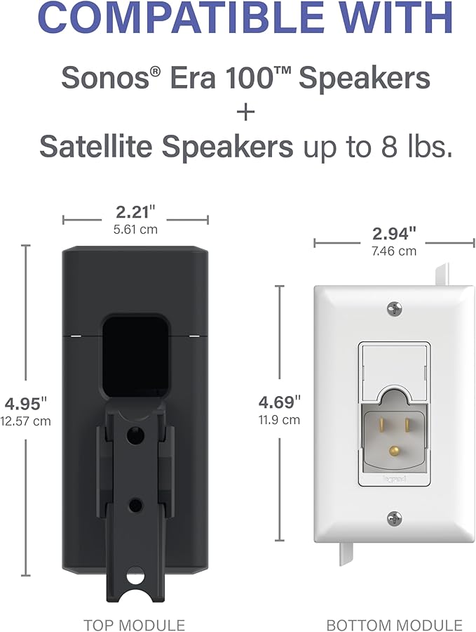 SANUS Speaker Wall Mount + Power Kit - Universal Speaker Mount Tilts, Swivels & Hides Cords Behind Wall w/ 10ft ETL Certified Cable - DIY Install Works w/Sonos Era 100 & Satellite Speakers up to 8lbs