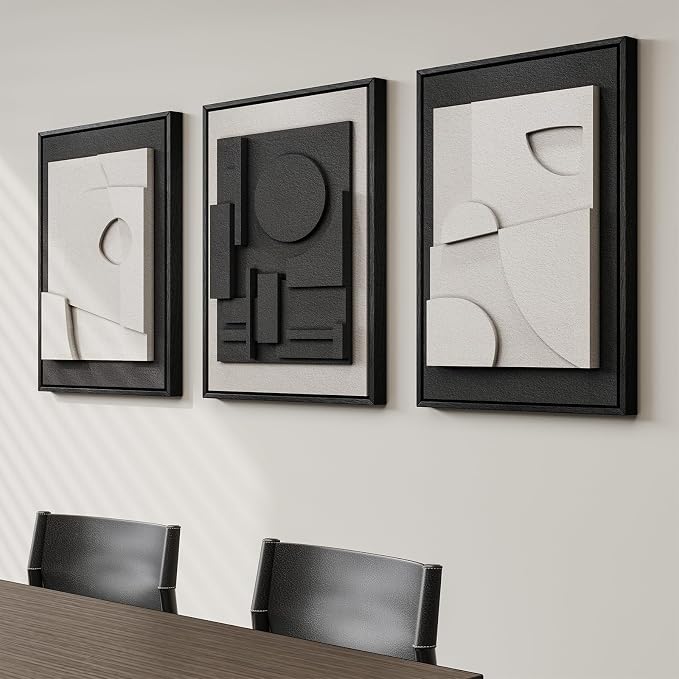 3D Textured Framed Black and White Abstract Wall Art Set of 3, 16x24 In | Solid - Image 4