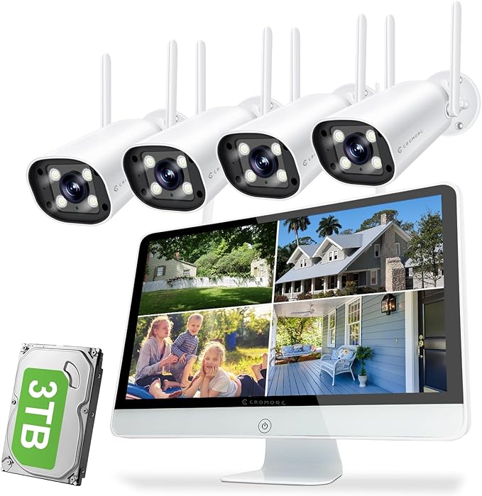 Cromorc Wireless Security Camera System with 16" Monitor Motion Detection Night Vision 2-Way Audio 4 Indoor Outdoor 5MP Camera Expandable 16CH NVR Home Business Surveillance Spotlight Siren 3TB HDD