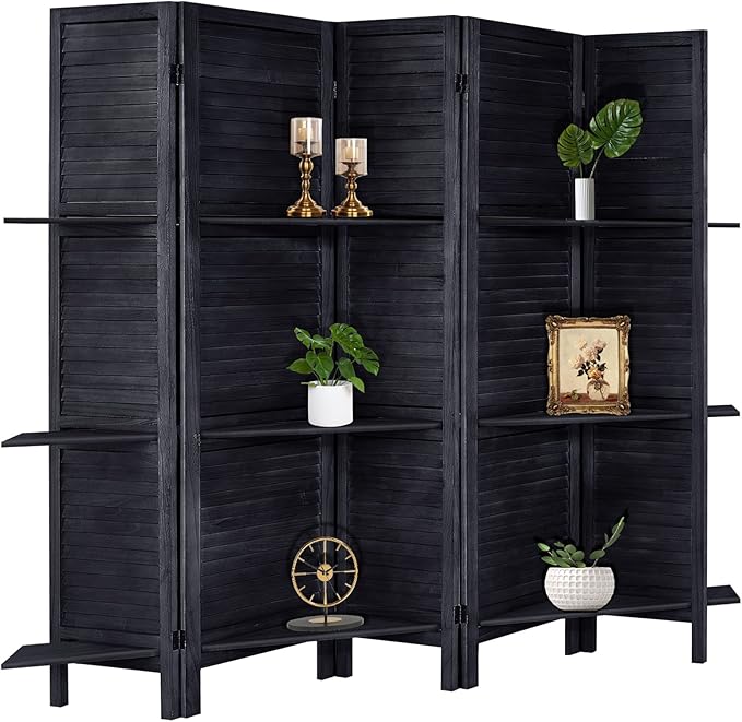 Room Divider with Shelves, 5 Panel Black Privacy Screen | Partition Room by AMBITION+LAND