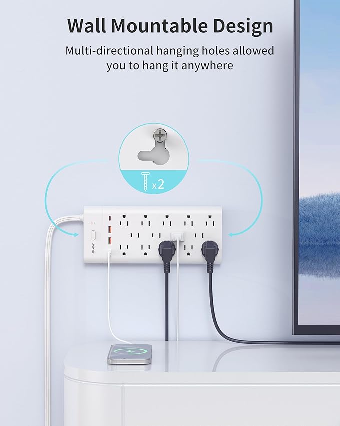 Power Strip Surge Protector Outlet Extender with 14 Outlets and 4 USB Ports (2 USB C), 10 Ft Extension Cord & Flat Plug, 1700 Joules, Wall Mount for Home, Office, Dorm, White