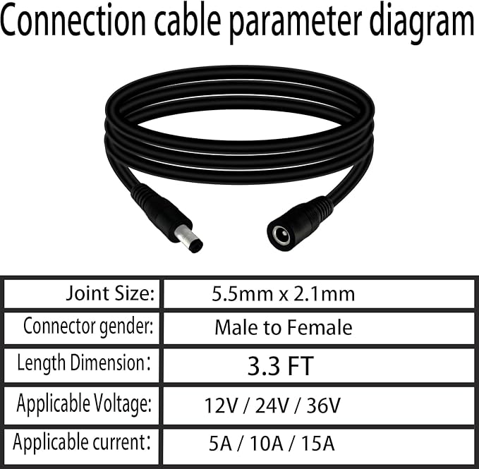5.5mm x 2.1mm 3.3FT DC Power Extension Cable Male to Female 12V/24V 14AWG DC Connection Cable for CCTV Surveillance Camera Amplifiers LED Strip Lights Solar Panels Energy Storage Power Supply 2 pcs