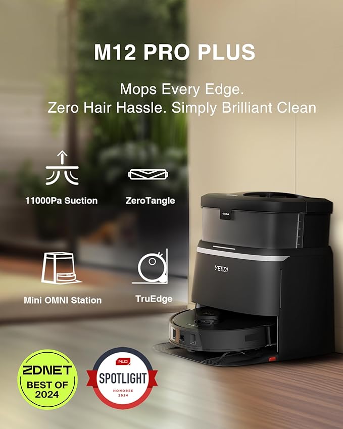 Yeedi M12 PRO Robot Vacuum and Mop Combo, 11000Pa Powerful Suction, ZeroTangle Hair-Free Brush, Auto Mop Washing & Drying, Smart Obstacle Avoidance, Self-Emptying Dock, Ideal for Pet Homes
