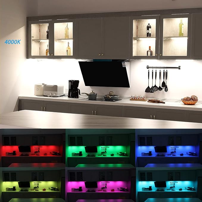 Kitchen Under Cabinet LED Light. RGBW. Color Change & Super Bright Cool White Light. Remote with Dimming. 6 LED Light Bars with Power Adapter, Extension Cable. Plug in. Easy to Install. RGB + 4000K.