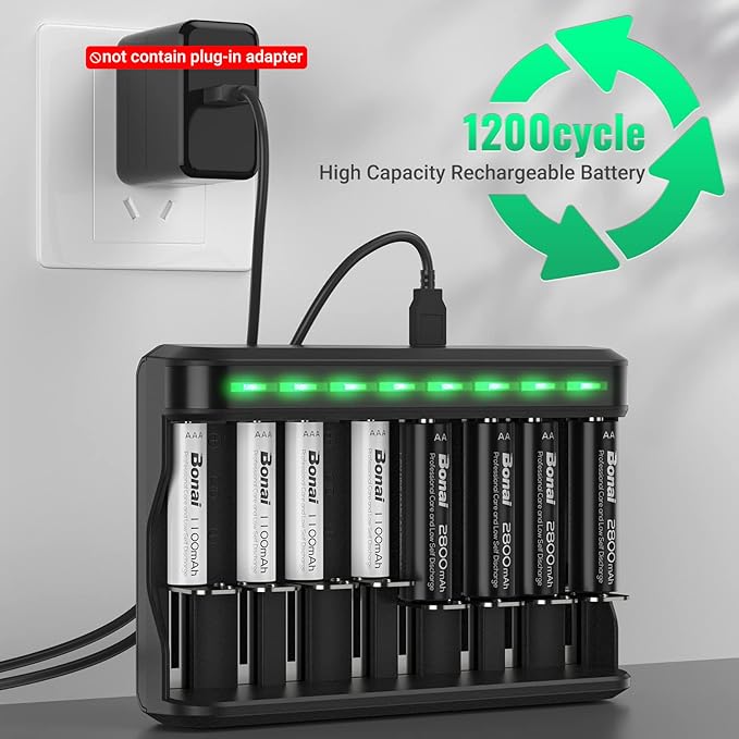 BONAI AA AAA Rechargeable Batteries Charger Set, 4 Pack 2800mAh AA and 4 Pack 1100mAh AAA NiMH Batteries with Smart Universal Battery Charger