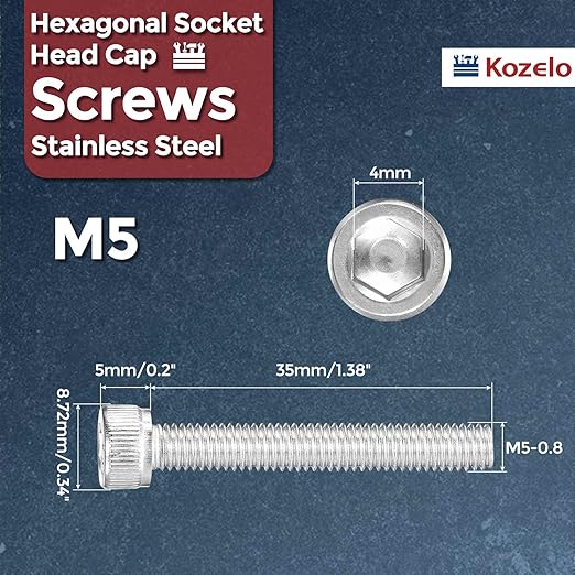 Kozelo 30pcs Socket Head Cap Screws - [M5-0.8 x 35mm] 304 Stainless Steel Allen Socket Drive for Electrical Motor 3D Printing Fan Engine Replacement Use, Silver