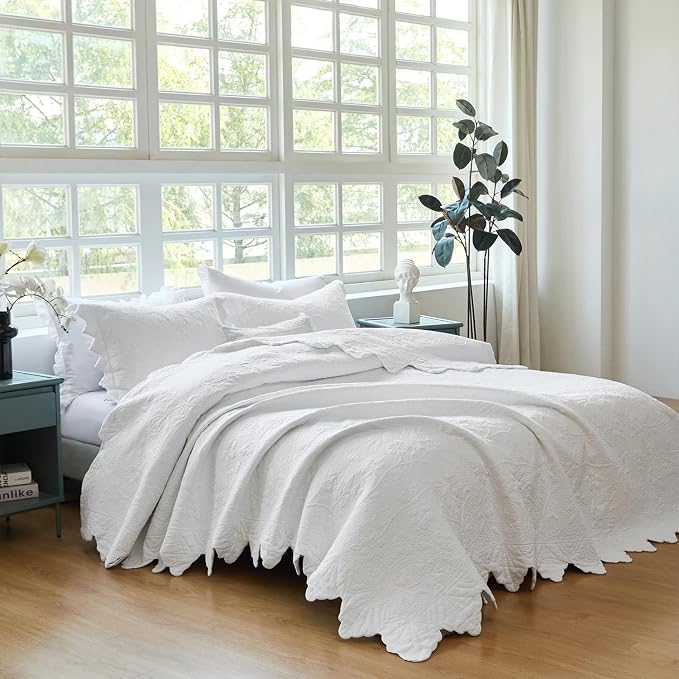 Brandream White Quilt Set King Size Quilt Bedding Set Cotton Luxury Matelasse - Image 6