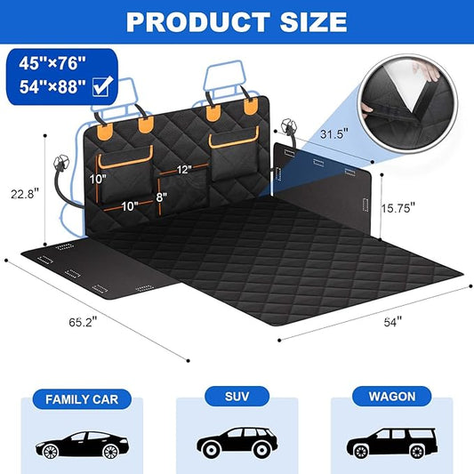 4-in-1 SUV Cargo Liner for Dogs, Non-Slip Water Resistant Pet Trunk Mat with Side Flaps Protector & Back Seat Organizer, Dog Backseat Cover for SUVs Vans（54" W x 88" L）