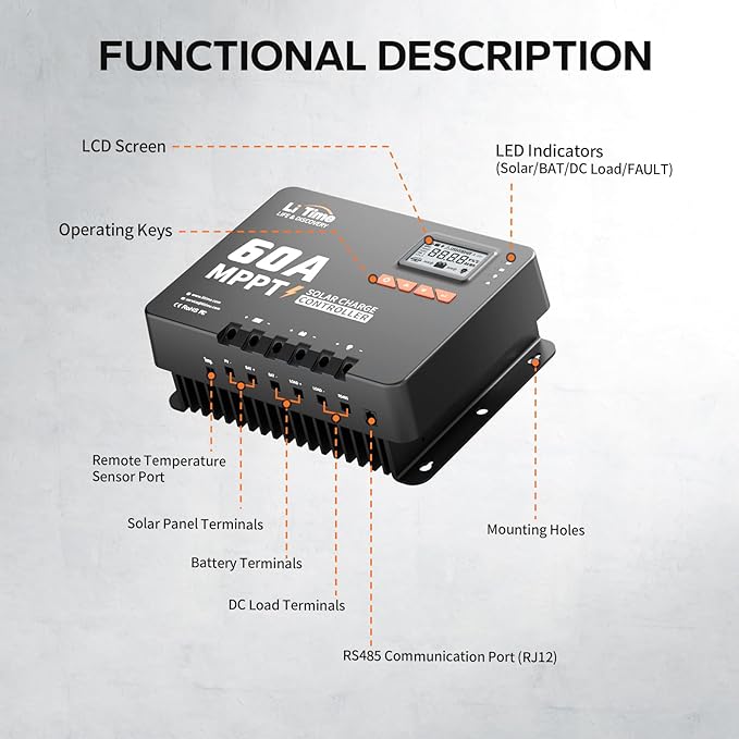LiTime 60 Amp MPPT 12V/24V/36V/48V/Auto DC Input Solar Charge Controller is Equipped a Built- in Bluetooth Module, with Parameter Adjustable LCD Display LED Indicators Solar Panel