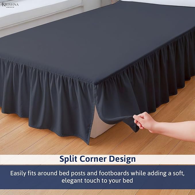 KRISHNA Ruffled Bed Skirt with Split Corners Twin, 100% Microfiber Hotel Quality, 28 Inch Drop Dust Ruffle Gathered Bedskirt with Platform, 39" x 75", Dark Grey