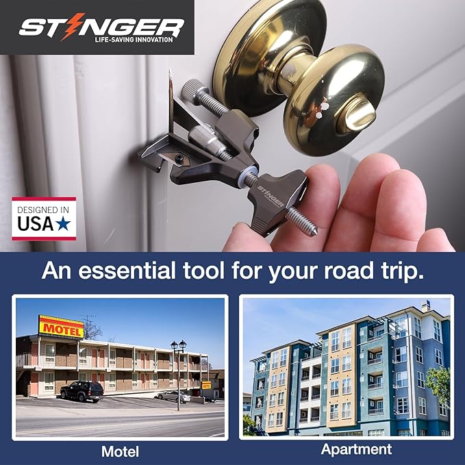 Stinger Metal Portable Door Lock for Travelers — Hotel, Apartment, and Home Door Stopper Security with Built-in Glass Breaker & Seatbelt Cutter, Ideal Travel Safety Lock for Women and Families