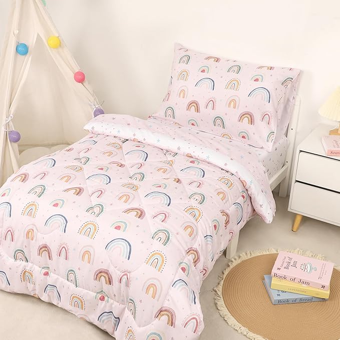 Toddler Bedding Set for Girls, 4 Piece Toddler Girl Bedding Set, Super Soft & Lightweight Pink Toddler Comforter Set Includes Comforter, Flat Sheet, Fitted Sheet, Pillowcase (Rainbow)