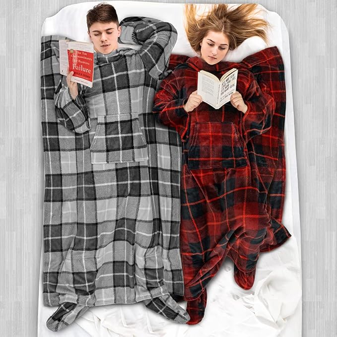 PAVILIA Fleece Blanket with Sleeves, Foot Pockets for Women Men Adults, Plush Wearable Blanket Throw Wrap, Warm Snuggle Blanket Robe, Cozy Gift Ideas Wife Mom, Plaid Dark Gray