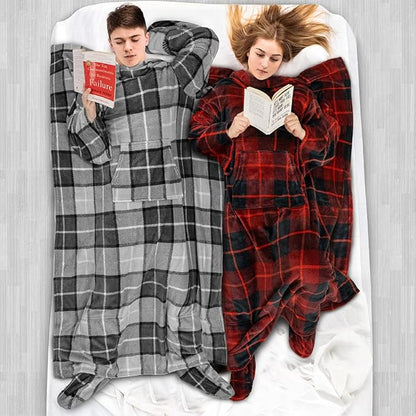 PAVILIA Fleece Blanket with Sleeves, Foot Pockets for Women Men Adults, Plush Wearable Blanket Throw Wrap, Warm Snuggle Blanket Robe, Cozy Gift Ideas Wife Mom, Plaid Dark Gray