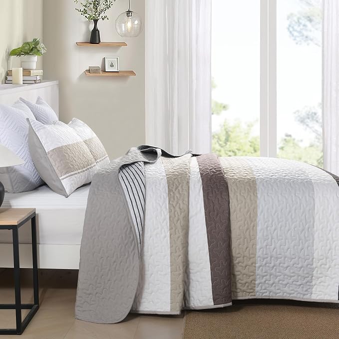 Dinjoy Queen Size Boho Stripe Quilt Set, Breathable All-Season, 3-Piece Set - Image 4