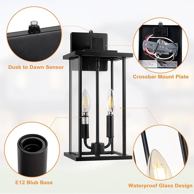 SIAFAVOI 16" Large Dusk to Dawn Outdoo Wall Light Fixtures, Black 2-Pack Exterior Front Porch Light, 2-Light Outdoor Wall Sconce for Outside Patio, Waterproof Exterior Wall Lamp Lighting