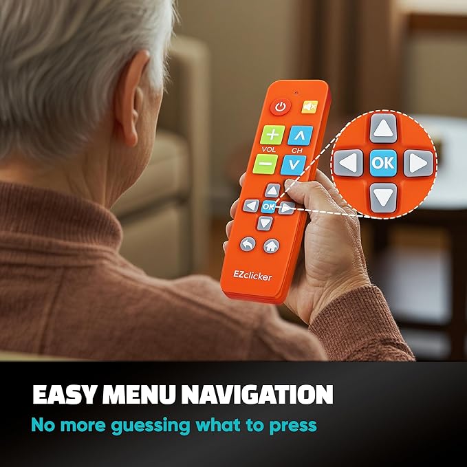 EZclicker Big Button Universal TV Remote (Orange) Simple Easy to Use, Great for Seniors, Works with Major TV Brands (2xAAA Batteries Not Included)