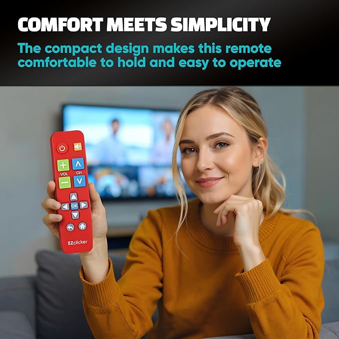EZclicker Plus Big Button Universal TV Remote (Red) Simple Easy to Use, Works with Major TV Brands (2xAAA Batteries Not Included)
