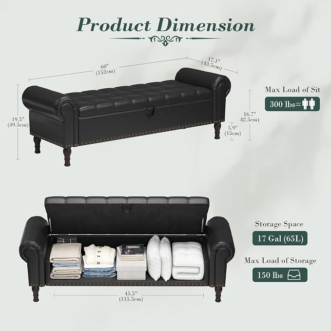 Apicizon 60” Bench with Storage, Queen Size Faux Leather End of Bed Bench with - Image 2