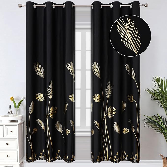 Palm Tree Leaf and Wheat Blackout Curtains Thermal Insulated Gold Print Light by ESTELARTEXTILER
