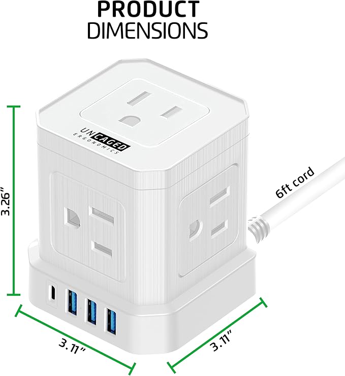 Cube Power Strips with Surge Protection, 6ft Extension Cord with Multiple Outlets, 5 Ac Plugs, 3 USB, 1 Usbc Fast Charging Power Strip with USB Ports, Mountable On/Off Switch Charging Station