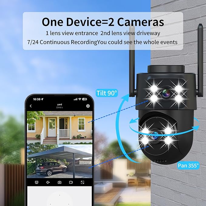 dzcctvipc 2K Dual-Lens WiFi Home Security Camera, Indoor/Outdoor Use, 360° Motion Tracking, Color Night Vision, IP65 Weatherproof, Two-Way Talk, Smart Camera, Works with Alexa & Google (No SD Card)