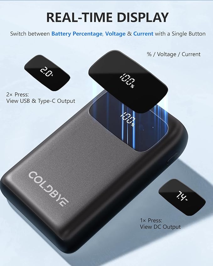 ColdBye Heated Vest Battery Pack 𝟕.𝟒𝐕 5𝐀 𝟐𝟎𝟎𝟎𝟎𝐦𝐀𝐡, Type-C and USB 5V Output, PD 30W Fast-Charging with 7.4V Tri-Size DC Built-in Ports (3.5 mm / 3.8 mm / 4.0 mm) for Heated Jacket