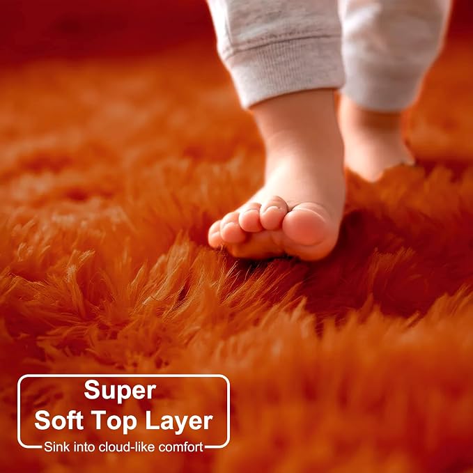 Amdrebio Burnt Orange Round Furry Area Rug 5Ft - Image 4
